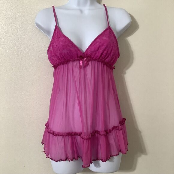 In Bloom Mesh Y2K Fuchsia Bow Coquette Fairy Feminine Romantic Babydoll Slip S - Picture 1 of 8